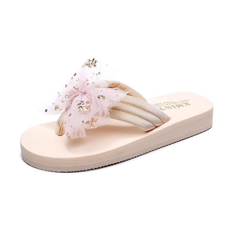 

Summer Flip Flops Comfort Women's Slippers Handmade Glitter Bow Women Platform Shoes Slides Beach Sandals Female Wedge Shoes, Beige