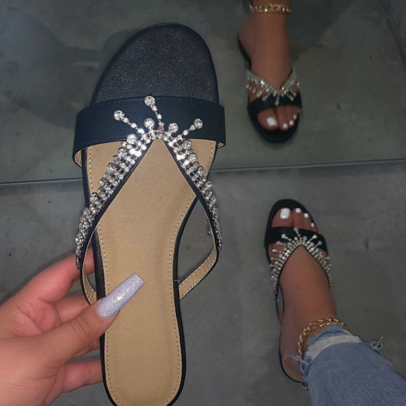 

Summer Women sandals Rhinestone Bead String Pu Leather Flat Open Toe Rubber Sole Luxury Fashion Ladies Shoes Female Whosale, Beige