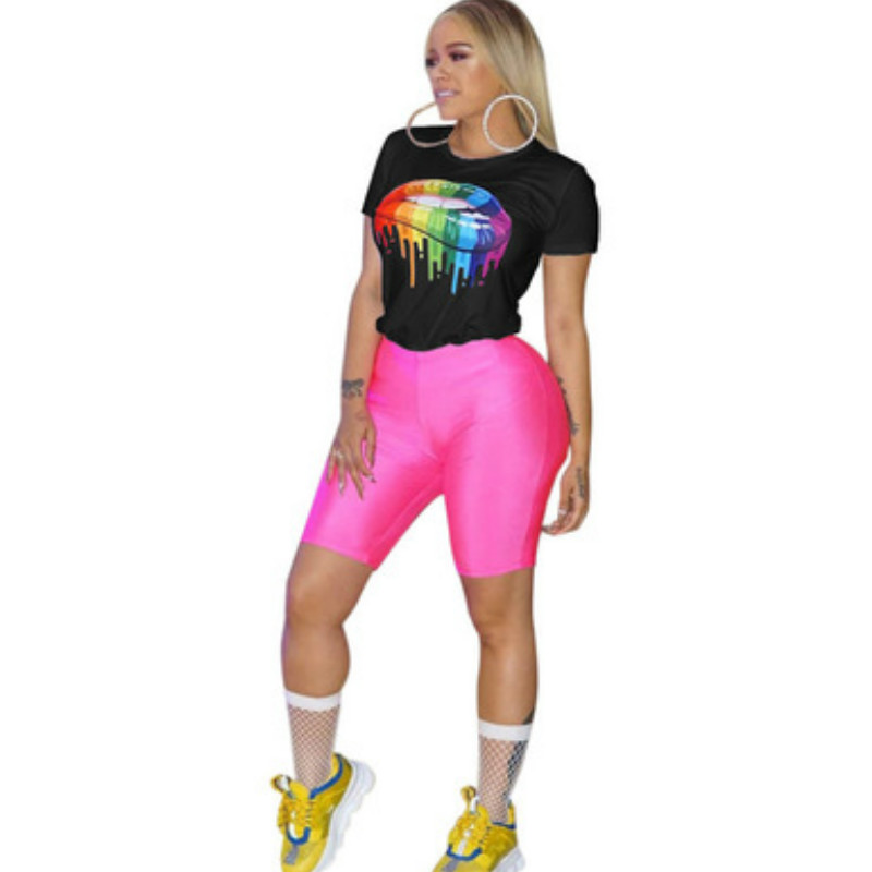 

Women Printed T-shirts Sexy Women Tops 2020 New Color Lips Digital Print Casual T-shirt Girls Top Tees Top Quality Active New Clothes, Black