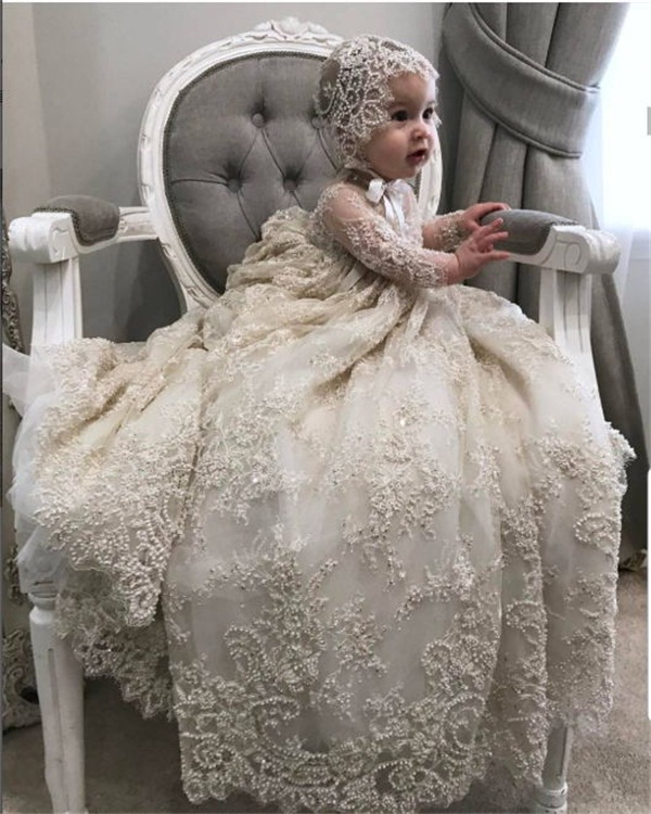 

Luxury White Ivory Christening Gown Lace Pearls Baby Girls Baptism Dresses Toddler Infant Christening Dress With bonnet, Dark green