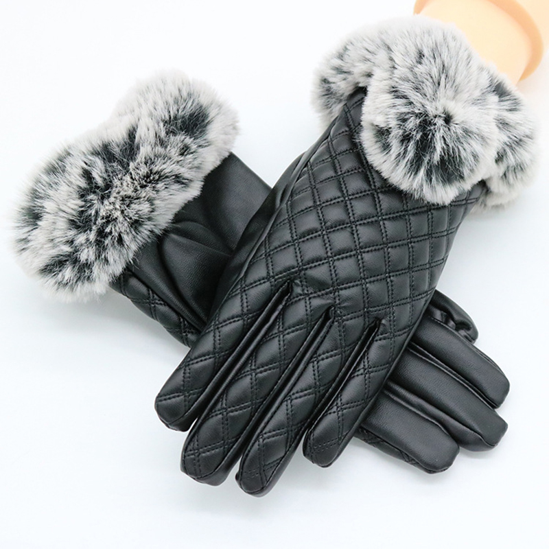 

Women Touch Screen Gloves PU Leather Female Waterproof Thick Fur Gloves Red Black Warm Autumn Winter Mitten 6C2807