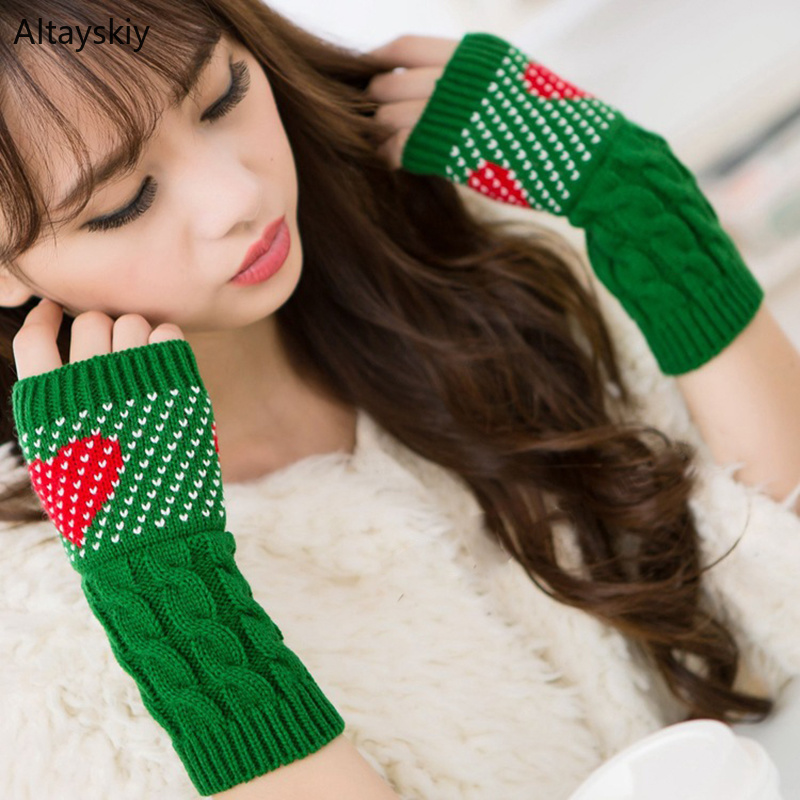 

Gloves Knitted Woolen Heart Dots Printing Half Finger Arm Keyboard Womens Mittens Opera-length Kawaii Korean Style All-match New