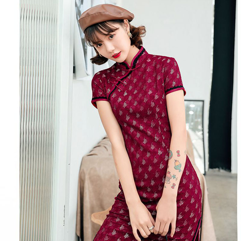 

Women's improved cheongsam summer short sleeve lace hem vintage cotton linen cheongsam knee length dress Chinese vented Chi-pao
