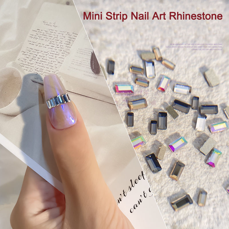 

100pcs nail art rhinestone decoration flat mini strip 1.5X4mm crystal glass 3D trendy nail DIY accesories