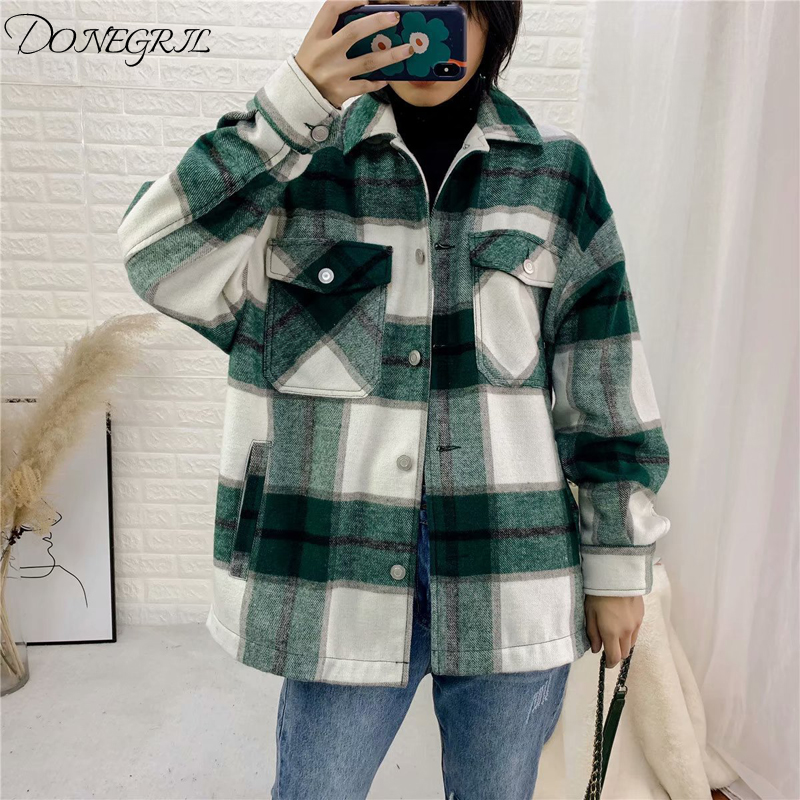 

Vintage Stylish Pockets Oversized Plaid Jacket Coat Women 2020 Fashion Lapel Collar Long Sleeve Loose Outerwear Chic Tops, Red
