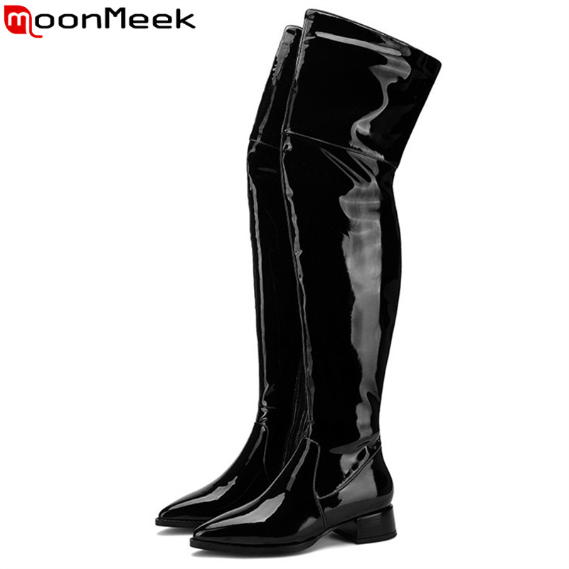 

MoonMeek 2020 new over the knee boots pointed toe cow patent leather boots zip med heels classic autumn winter women, Black