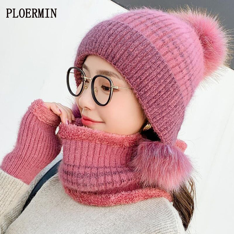 

Girls Thicken Ski Cap New Fashion Fur PomPoms Winter Women Beanie Hats Female Skullies Warm Gloves + Knit Hat scarf Set, Purple