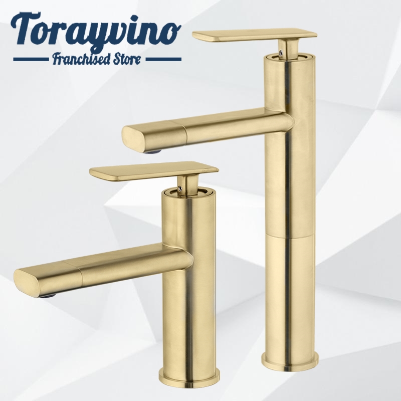 

Bathroom Sink Vessel Brushed Gold Faucet 360 Swivel Sprayer Deck Mounted Brass Single Handle Tall or Short Basin Taps Ceramic