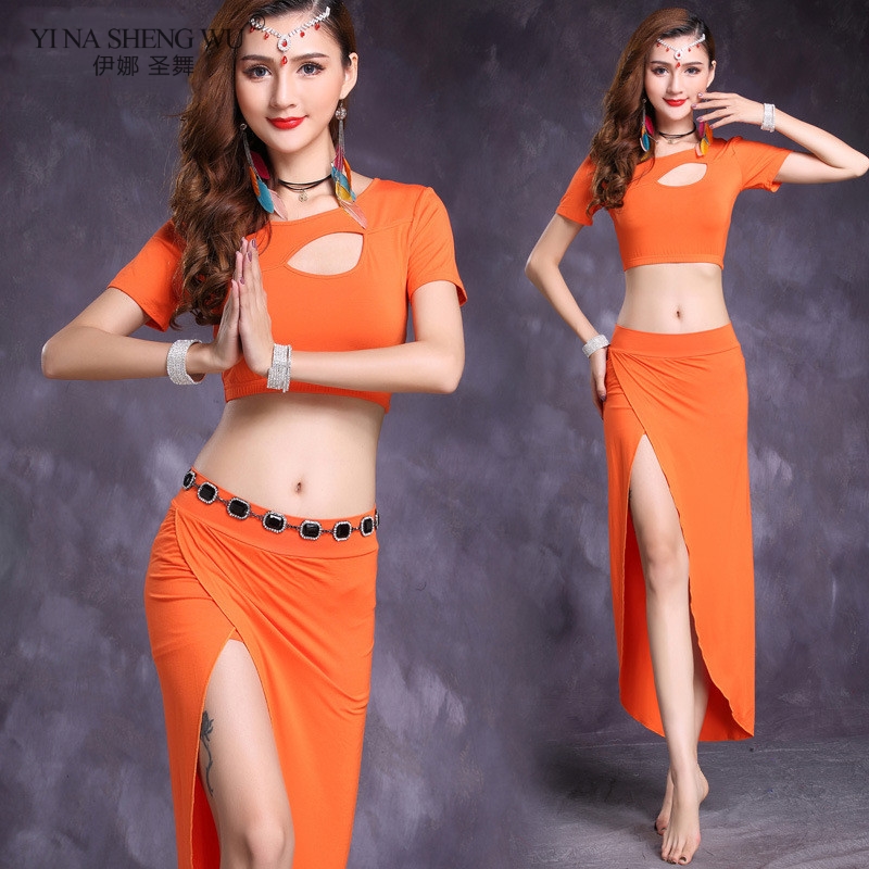 

Belly Dance Suit Training Clothes Female Women Adult Oriental Dance Group Performance Costumes Modal Sexy 2 Pieces Top Skirt Set, Wine red