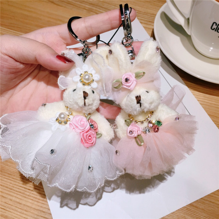 

Couple Bear Plush Keychain Floral Cloth Small Pendant Toy Dolls Key Bag Pendants