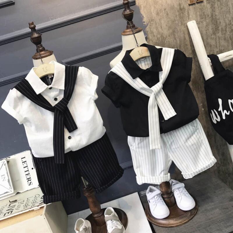 

Cute Newborn Kids Baby Boys Clothes 2PCS Short Sleeve Solid Tops Tie T-shirt +Striped Shorts Outfit Gentleman Costume Suit, Black