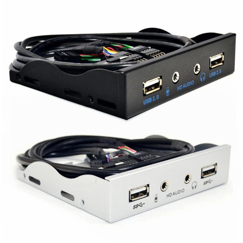 

3.5 inch 9Pin to 2 USB 2.0 Port HUB Splitter Floppy Bay HD Audio 3.5mm Earphone Jack Expansion Front Panel Rack for Computer PC