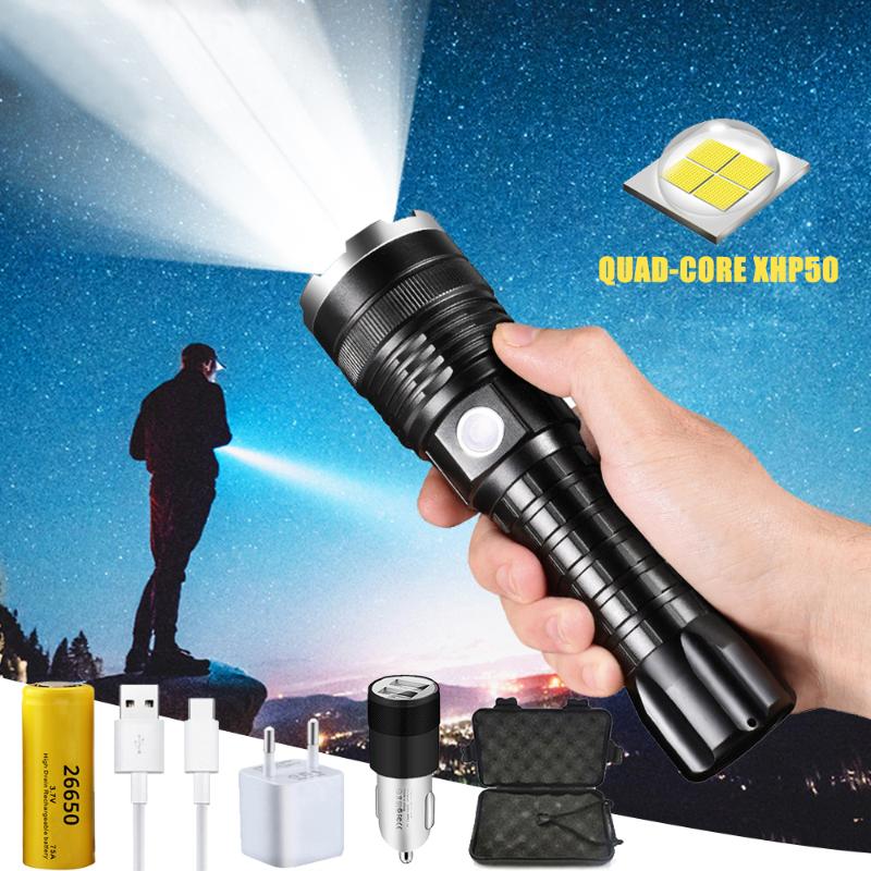 

Highest lumen Most Powerful XHP90 long-range LED Tactical Zoom 70.2 LED Torch light 26650 Large battery