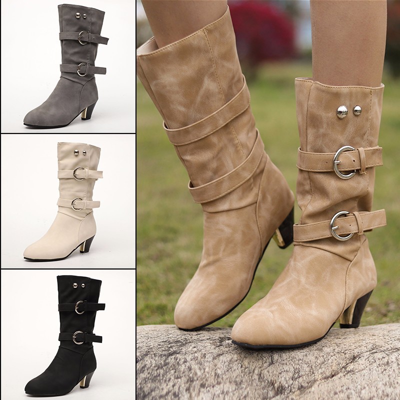 

DM536 Fashion Women Boots Autumn Winter Mid Calf Quality PU Comfort Boots Botines Mujer Boot Botas Mujer plus size 43, Beige