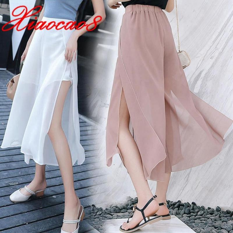

Sexy Fashoin Split Wide Leg Pants for Women Solid Chiffon High Waist Woman Pants Summer Oversized Loose Elegant Trousers Womens, Black
