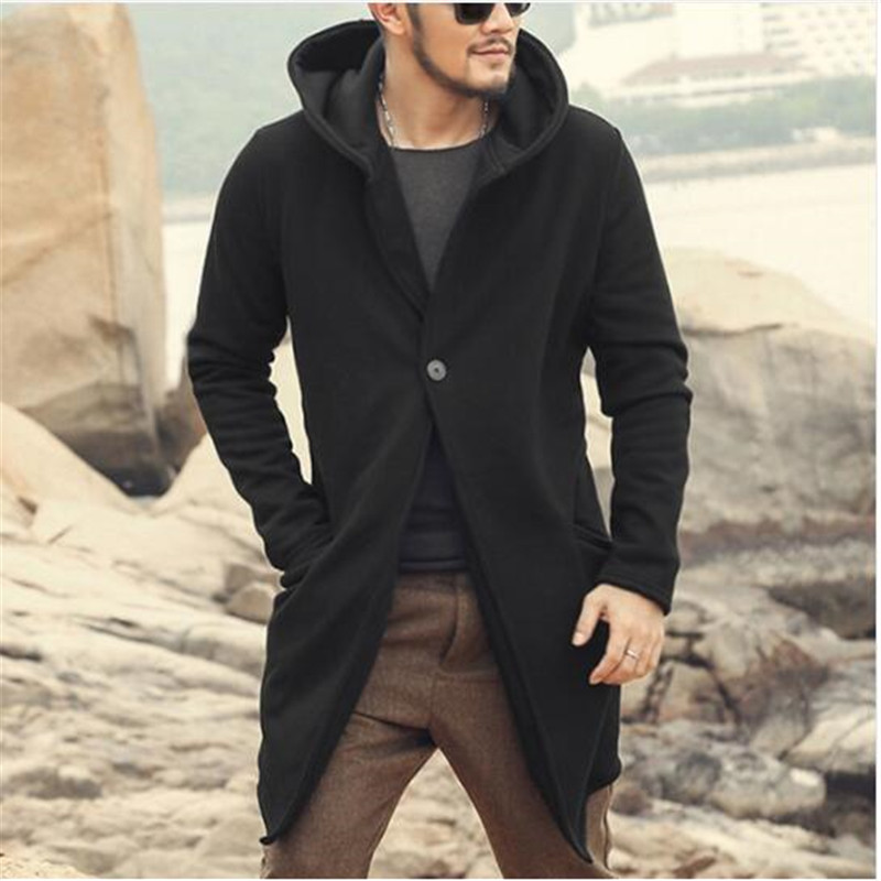 

Autumn winter long stretch cotton fleece 2020 men coat men slim casual fashion thick black cardigan with hat European style, Gray