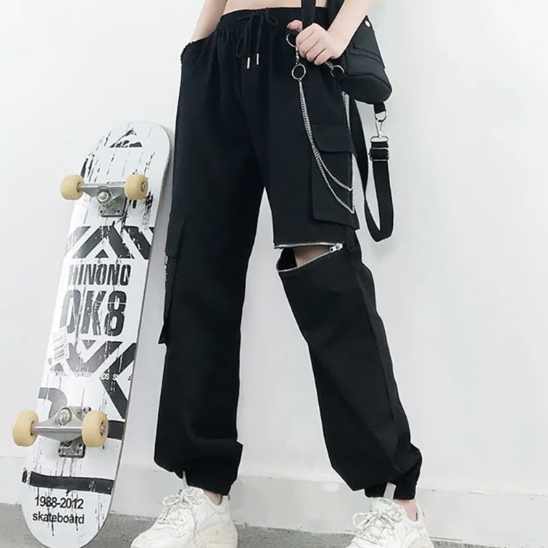 

Broken zipper hip hop hip hop loose pants show thin black casual pants sweatpants streetwear cargo clothing, 03
