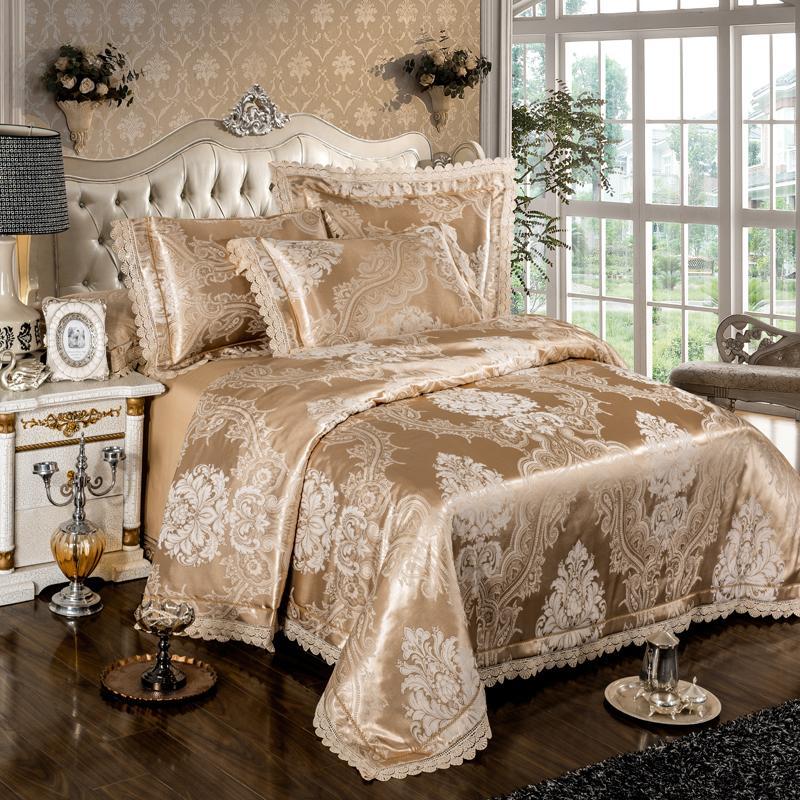 

IvaRose J-Pcs gold silver lace Jacquard Bed Cover  King Size Luxury Bedding Set Silky Bedclothes Duvet Cover Bed Sheet set