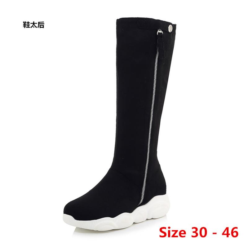 

Women Knee High Boots Autumn Winter Wedges Low Heel Thick Long Boots Woman Motorcycle Women shoes Small Big Size 30 - 46, Black flock mesh