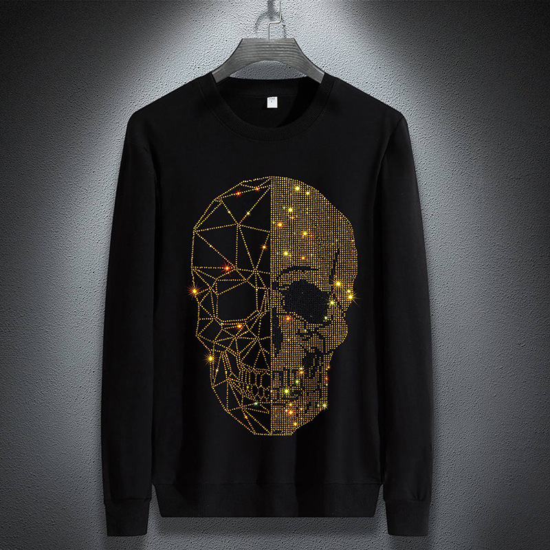 

Januarysnow Brand Fashion Designer Winter Hoodies Mens Skulls Rhinestones Long Sleeve T Shirts Modal Cotton O Neck Short Sleeve Slim Hoodie