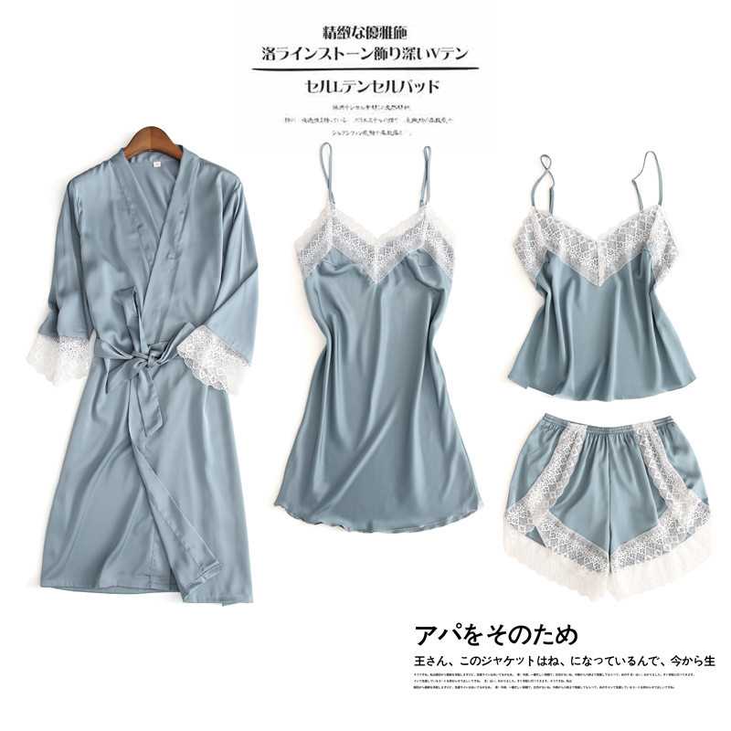 

Autumn Lady Ice Silk pajamas four-piece set suspender shorts long sleeve nightgown sexy cute thin, Gray set of 4