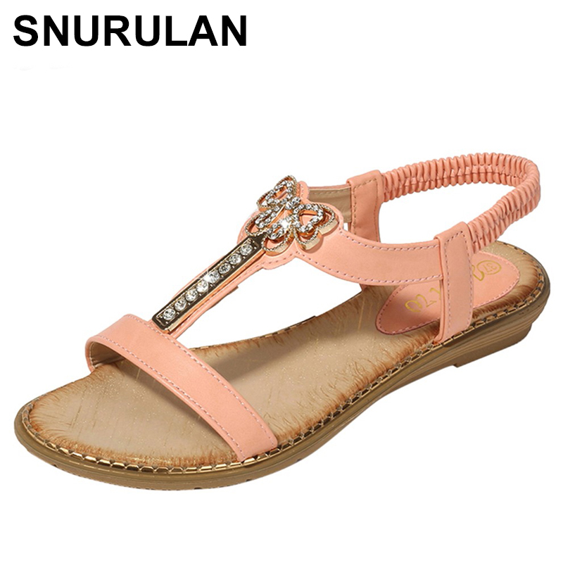 

SNURULANsummer women sandals bohemian elastic open toe diamond buckle wild butterfly flat beach sandals, Black