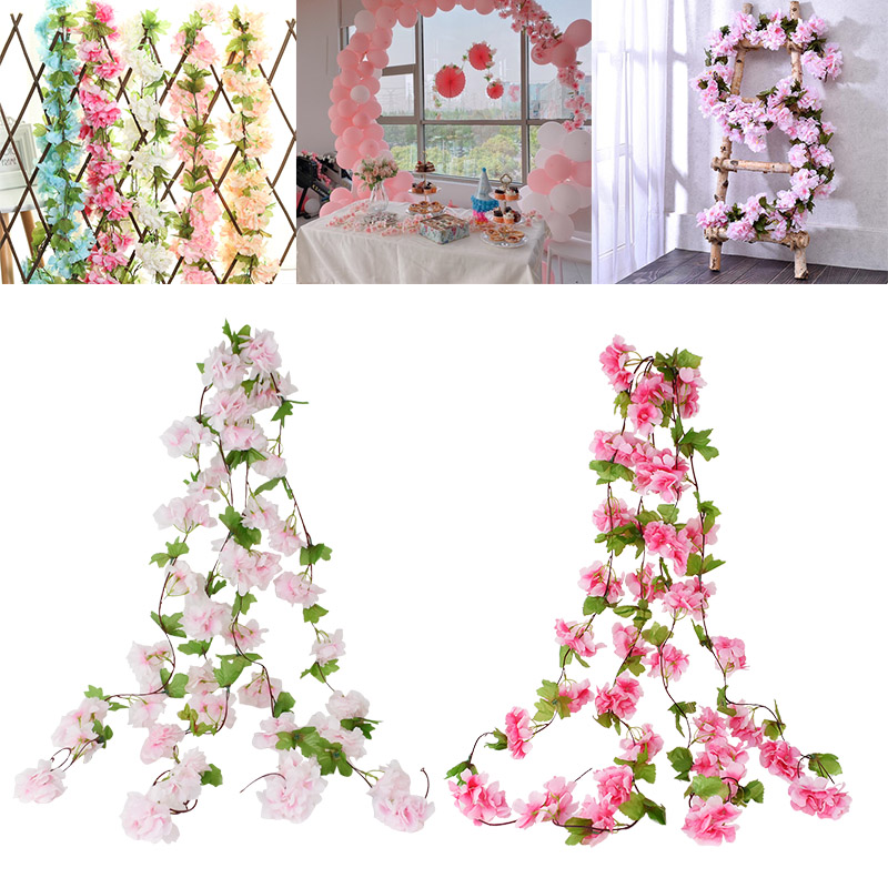 

230cm Artificial Silk Sakura Cherry Blossom Vine Wedding Party Arch DIY Rattan Garland Lvy Wall Hanging Wreath Home Decoration, White
