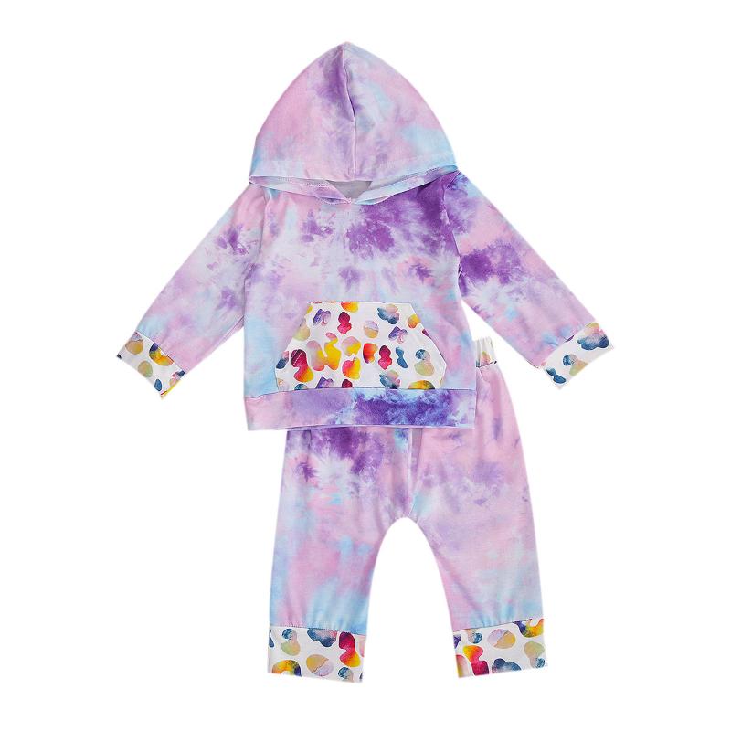 

Kids Fall Top Girl Trousers Dye Printed O-Neck Long Sleeve Casual Kangaroo Pocket Sports Hat Blouse Comfortable Printing Suit