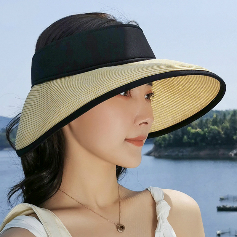 

2020 Women Summer Visors Hat Wide Large Brim Beach Hats Empty Top Sun Hat Femme Beach UV Protection Cap Straw Chapeau, Beige