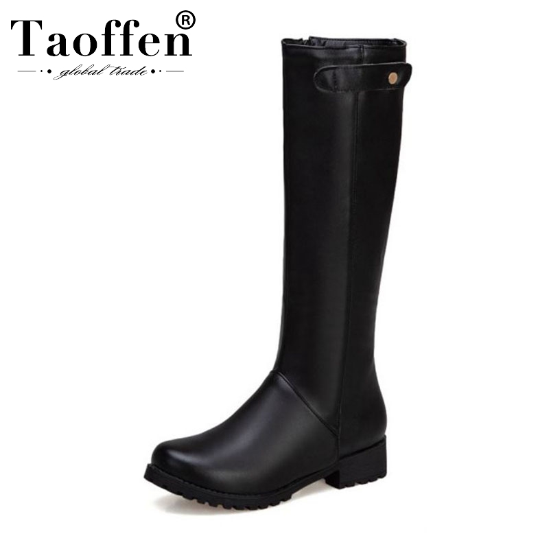 

Taoffen Pu Leather Women Black Knee High Boots Motorcycle Boots Chunky Heels Round Toe Winter Warm Shoes Woman Size 33-43