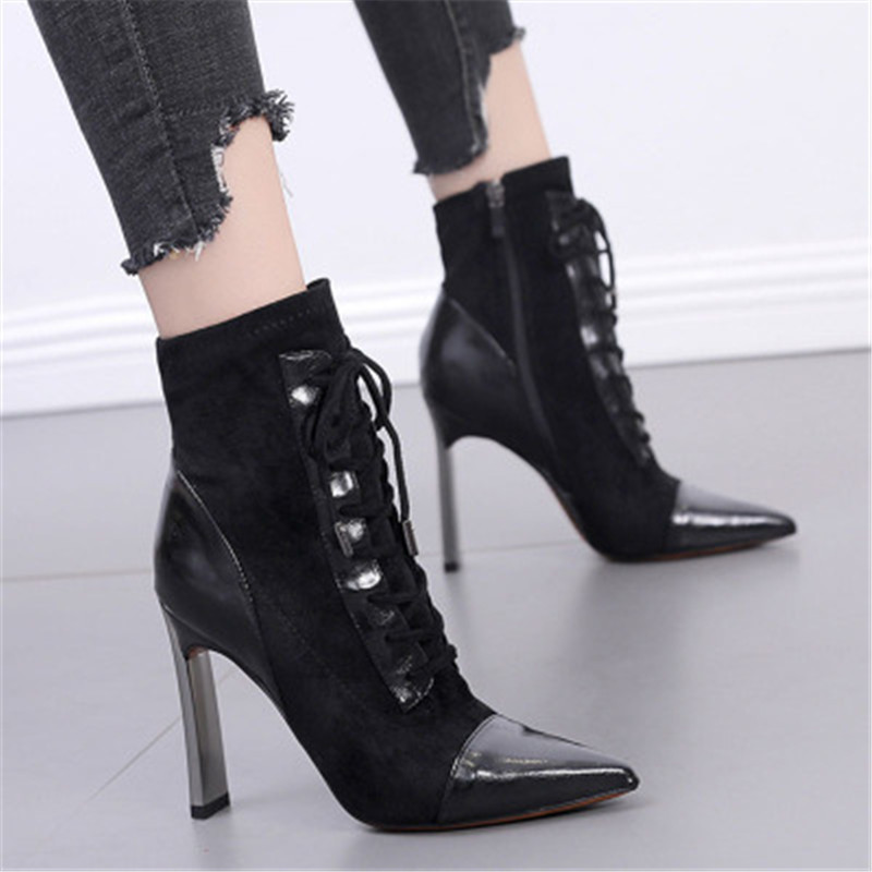 

Women's Fashion Short Boots Pointed 12CM High Heels Ladies Stiletto Side Zipper Cross Lace-Up boots women zapatos de mujer botas, Red
