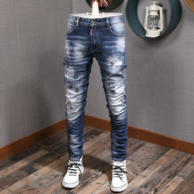 

Fashion Streetwear Men Jeans High Quality Retro Blue Painted Designer Ripped Jeans Punk Style Hip Hop Long Pants Denim Trousers
