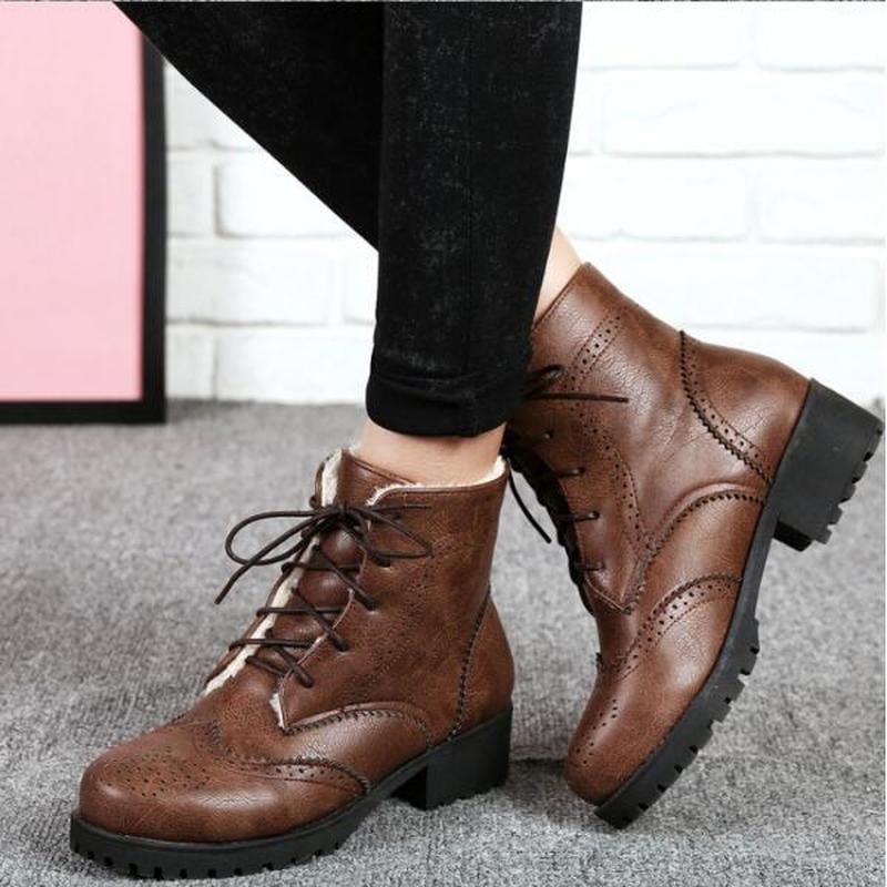 

women ankle boots chaussure booties plus size mid heel vintage PU leather winter snow warm shoes woman zapatos mujer sapatoD1800, Black