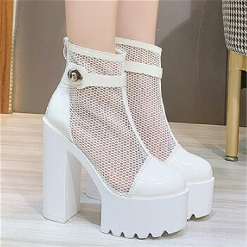 

Women Sandals 14.5CM Thick High Heels Platform Gladiator Waterproof Sandals Woman Mesh ZIP Round Toe Party Wedding shoes woman, Black