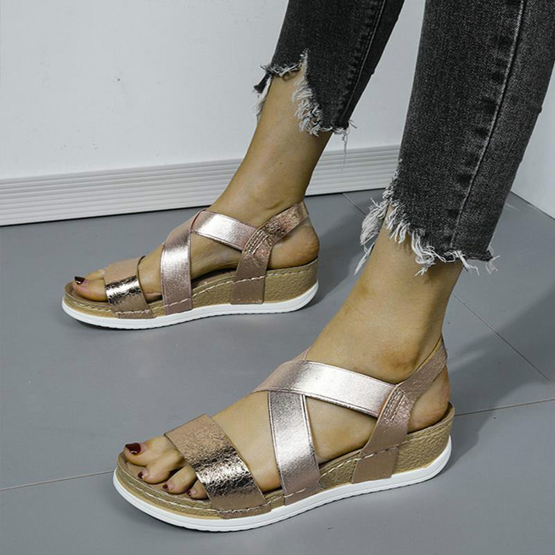 

2020 Summer Women's Sandals Elastic PU Casual Gold Bling Shoes Women Platform Wedges Sandalias Ladies Female Plus Size, Black