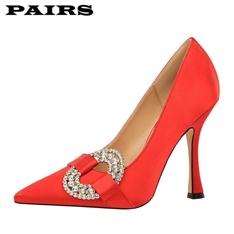 

BIGTREE 2020 Women Bridal Wedding Shoes Silk Satin Rhinestone Crystal Shallow Pumps Woman Stiletto High Heel Dress Shoes Female, Black