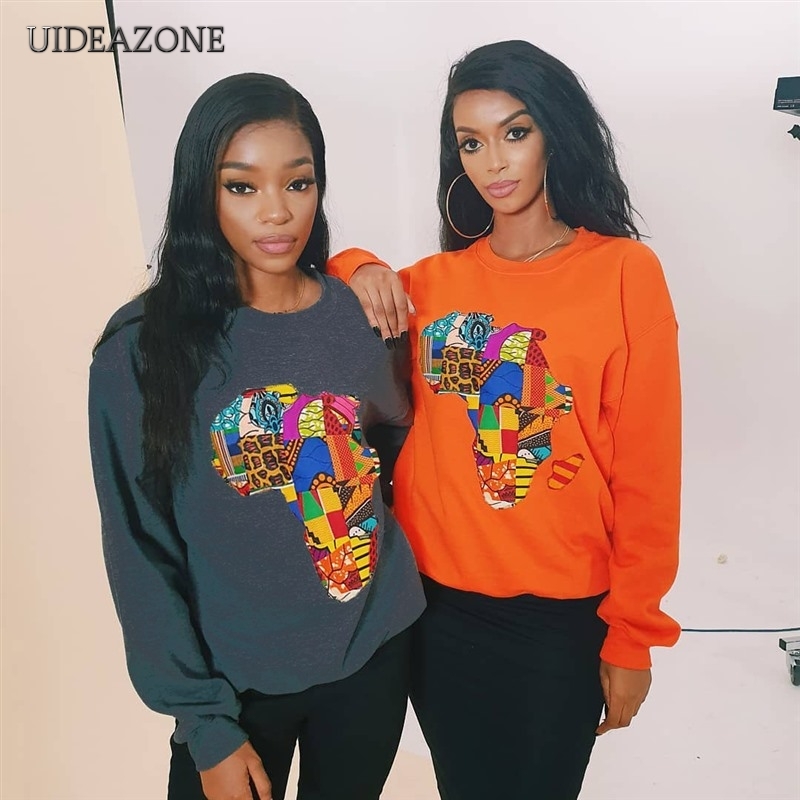 

UIDEAZONE Colorful Africa Map Print Women Hoodies O Neck Casual Printed Pullovers Ladies Sweatshirts 2019 Autumn Streetwear MX200812, Black