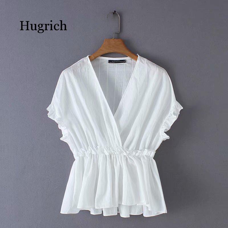 

2020 Women Fashion Agaric Lace Striped Blouse Shirts Women Cross V Neck Ruffles Chemise Chic Casual Femininas Blusas Tops, White