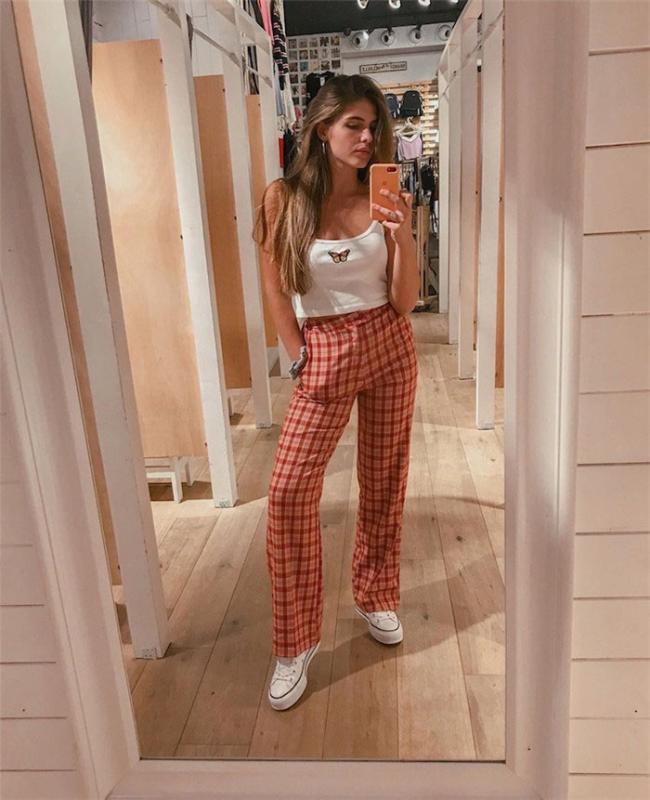 

Summer Casual Plaid Straight Pants Women High Waist Street wear Trousers Preppy Style Long Pants, Blue
