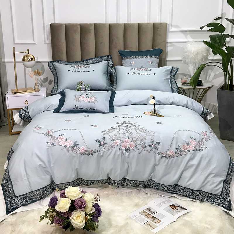 

Blue Luxury Rose Flowers Carousel Embroidery 100S Egyptian cotton Bedding set Queen King Duvet Cover Bed Sheet/Linen Pillowcases