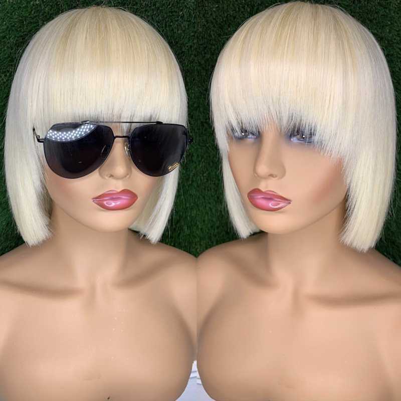 

Silk Base Lace Human Hair Wigs for Women 613# Honey Blonde Bob Wig with Bangs Remy Brazilian Blond Hair Short Wig Free Shipping, Natural color