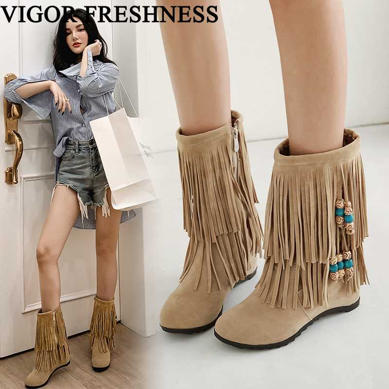 

VIGOR FRESHNESS Winter Women Boots Height Increasing Shoes Woman String Bead Boots Fringe Autumn Shoes Tassel Bohemia MY366, Beige