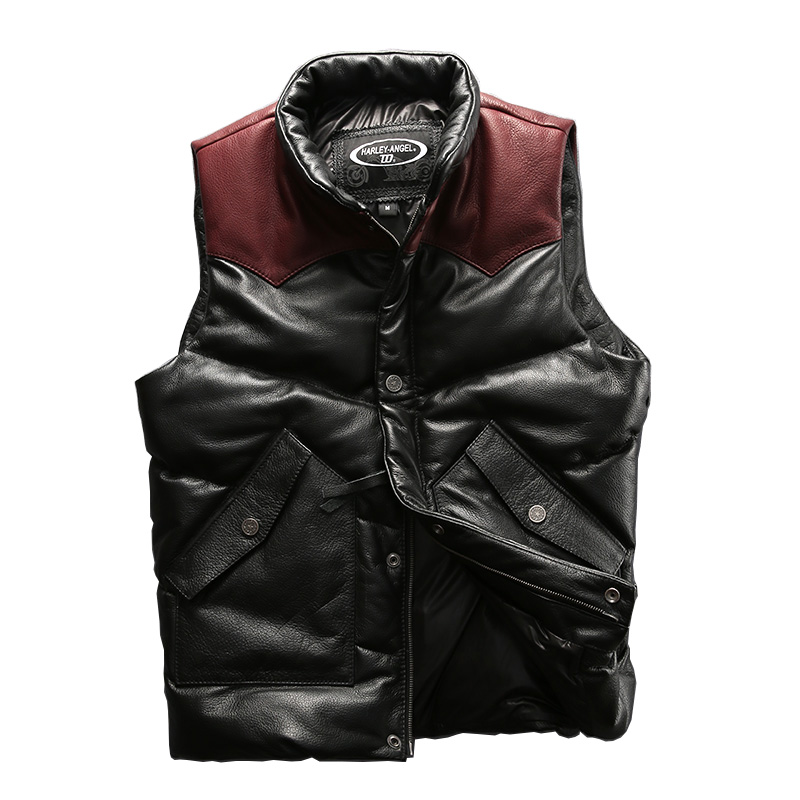 

Read Description! Asian size super quality Cow skin vest men's cowhide leather vest mens duck feather down warm A5-1, As pic
