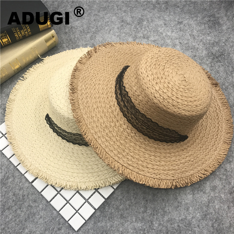 

ADUGI Light Luxury New Idyllic Fresh Bowknot Ribbon Raffia Hand-woven Sun Hat Raw Edge Straw Hat Breathable Sun Beach, Beige-white