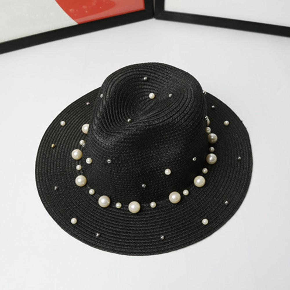 

2020 New Spring Summer Hats For Women Flower Beads Wide Brimmed Jazz Panama Hat Chapeu Feminino Sun Visor Beach Hat Cappello, Black