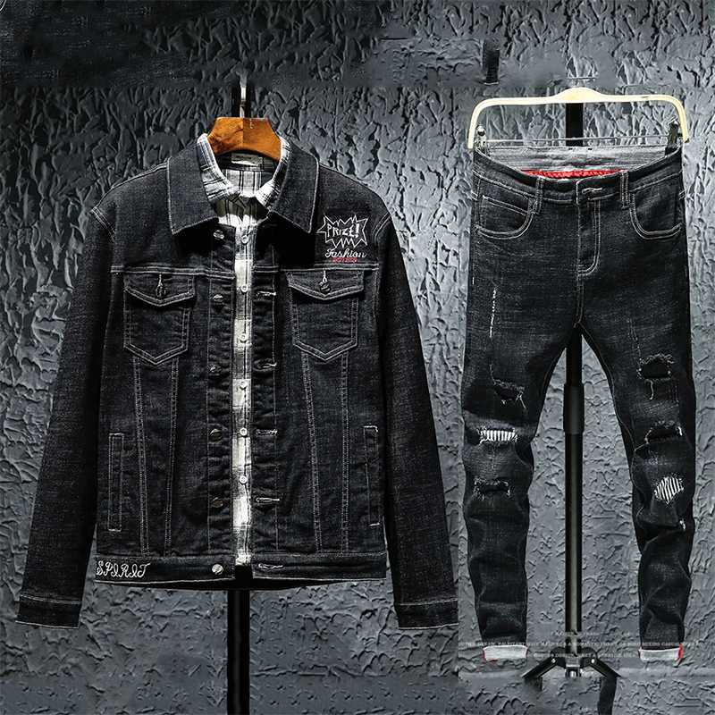 

European Style 2Pcs Outwear Suit Sets Male Letter Embroidery Black Men Set Clothing+Pants Plus Size S-5XL Moleton Masculino 2020, Mens sets