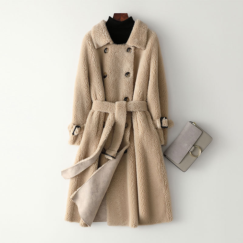 

2020 new sheep shearing coat female long section composite fur slim wool fur coat factory direct sales, Beige