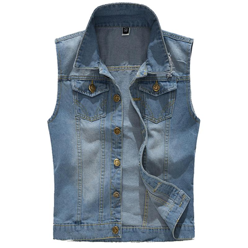 

2020 Slim Fit Cowboy Male Jacket Ripped Denim Vest Men's Jacket Sleeveless Casual Waistcoat Men's Jean Coat 5XL, Light blue