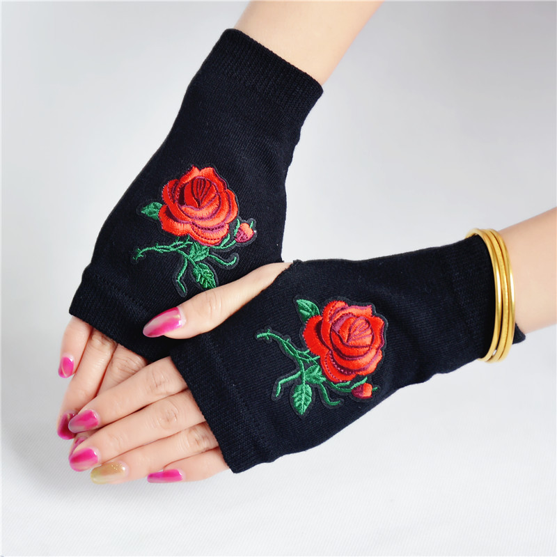

Winter Women Gloves Twist Knitted Rose Print Half Finger Gloves for Girls Fingerless Female Mittens Students Type Femme