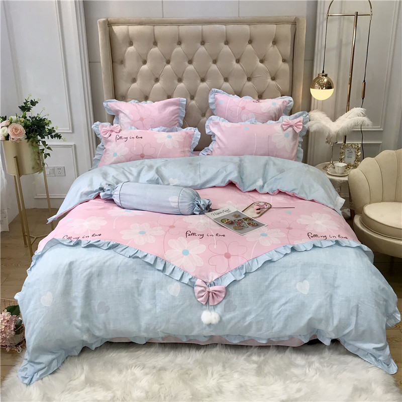 

Young Girl Style Bedding Set 4 Pcs Queen Bow Knot Leopard Pink Heart Duvet Cover Pillowcase Flat Bed Sheet Queen Home Textile, Color 8